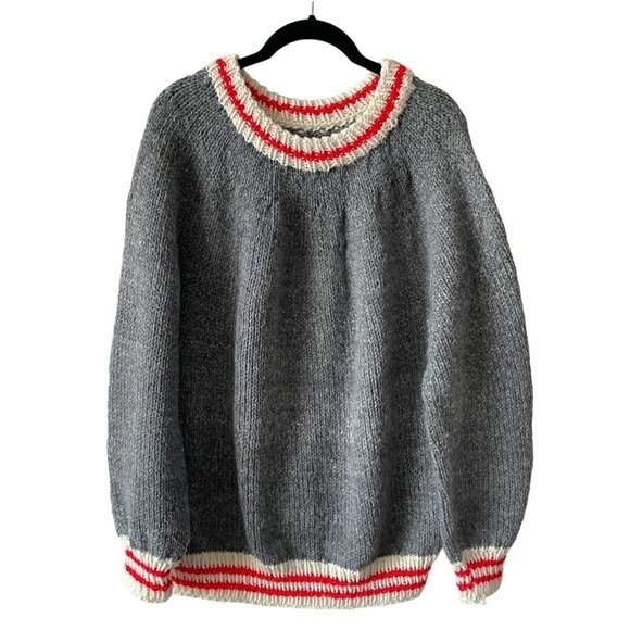 HANDMADE Pullover Knit Sweater Solid Chunky-Knit Round Neck Gray Red Large - Picture 1 of 6